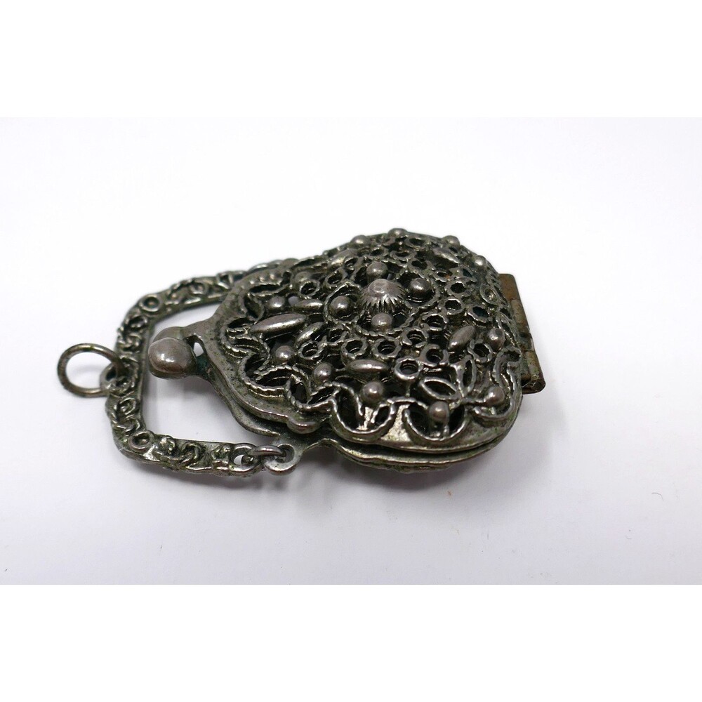 Vintage 1960s Art Deco Style Silver Tone Filigree Miniature Purse Locket Pendant - Picture 9 of 14